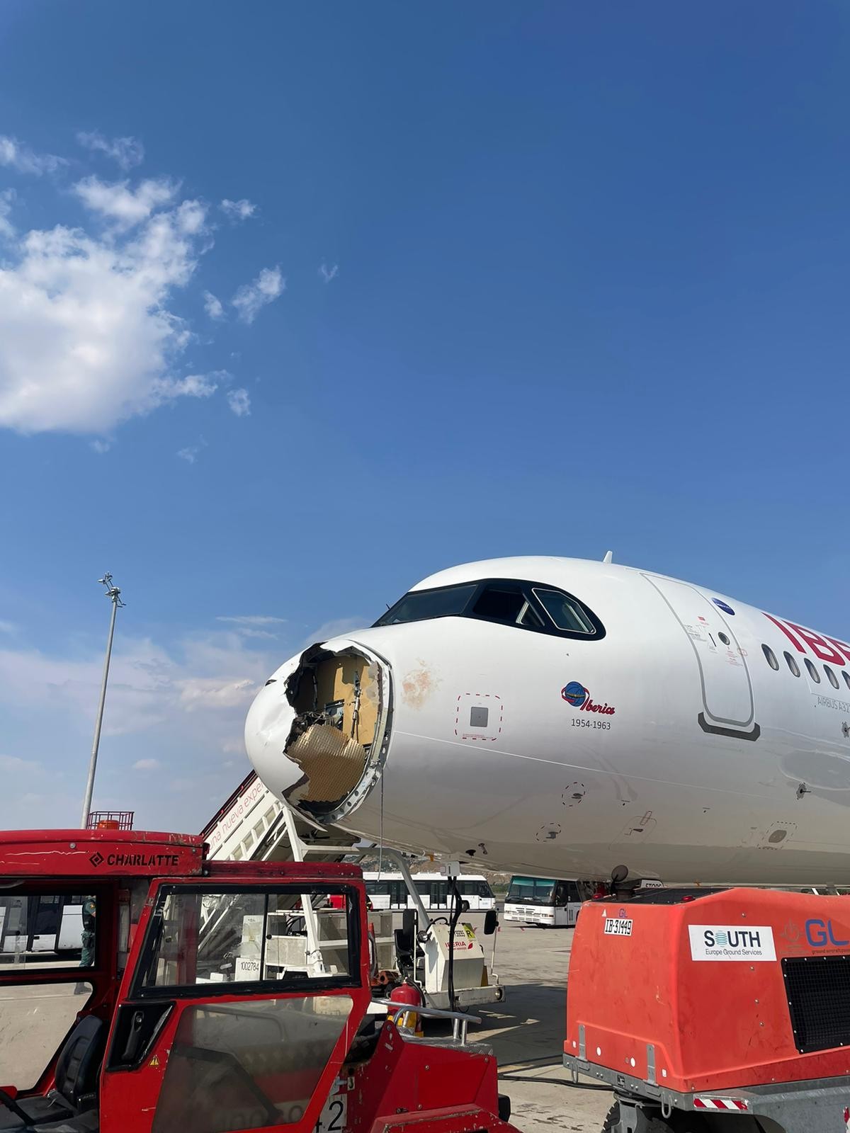 Avião fica com bico destruído após choque com pássaro e faz pouso de emergência na Espanha; veja IMAGENS